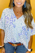 SKY BLUE LEOPARD LUXE V-NECK BLOUSE **SHIPPING EXPECTED TO BEGIN ON DATE 4/4**