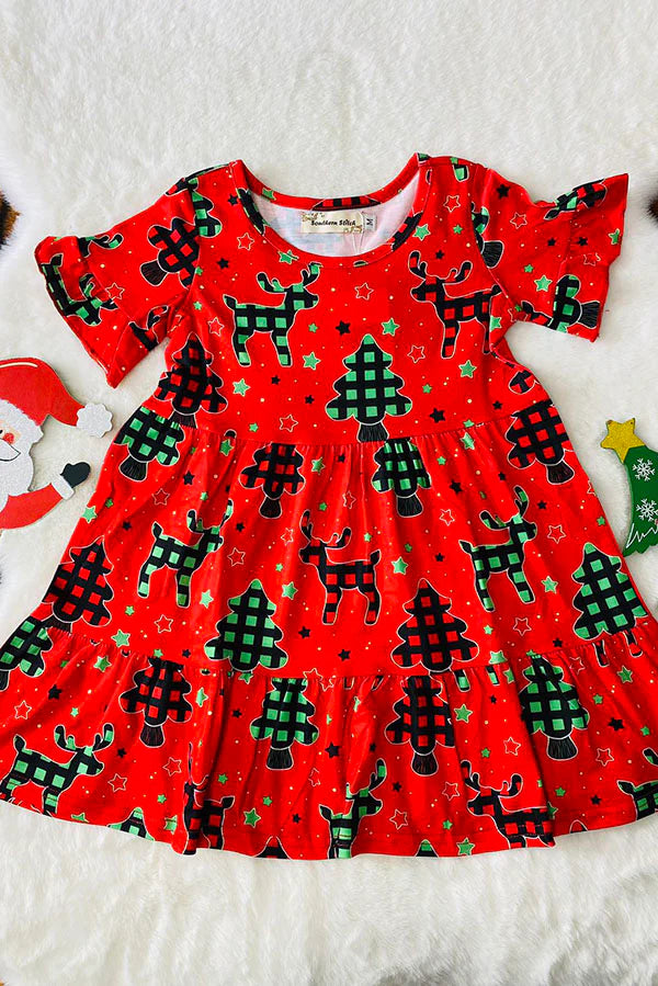 Christmas Trees & Deers Print Ruffle Dress