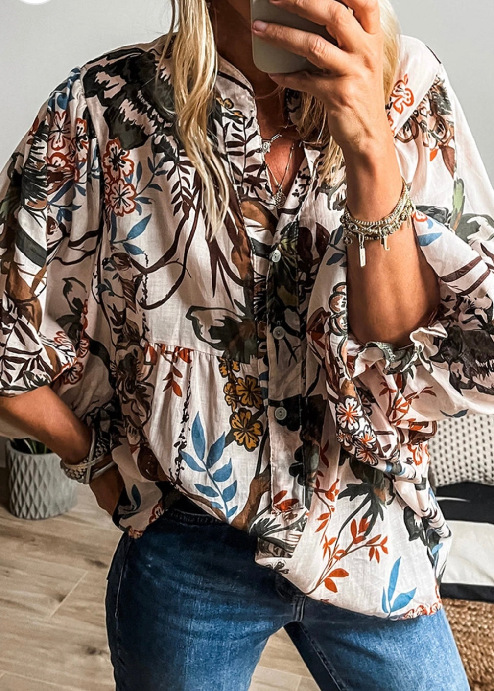 Boho Print Lantern Sleeve V Neck Blouse