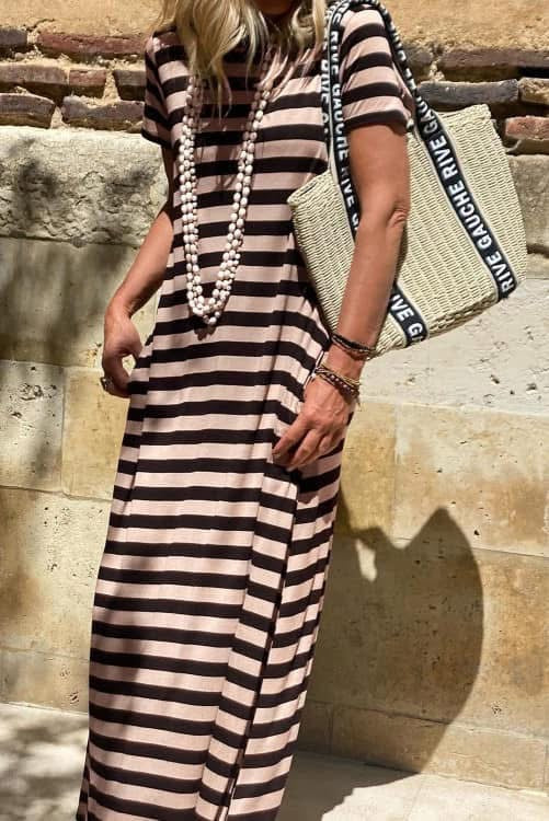 Black Stripe Casual T shrit maxi dress