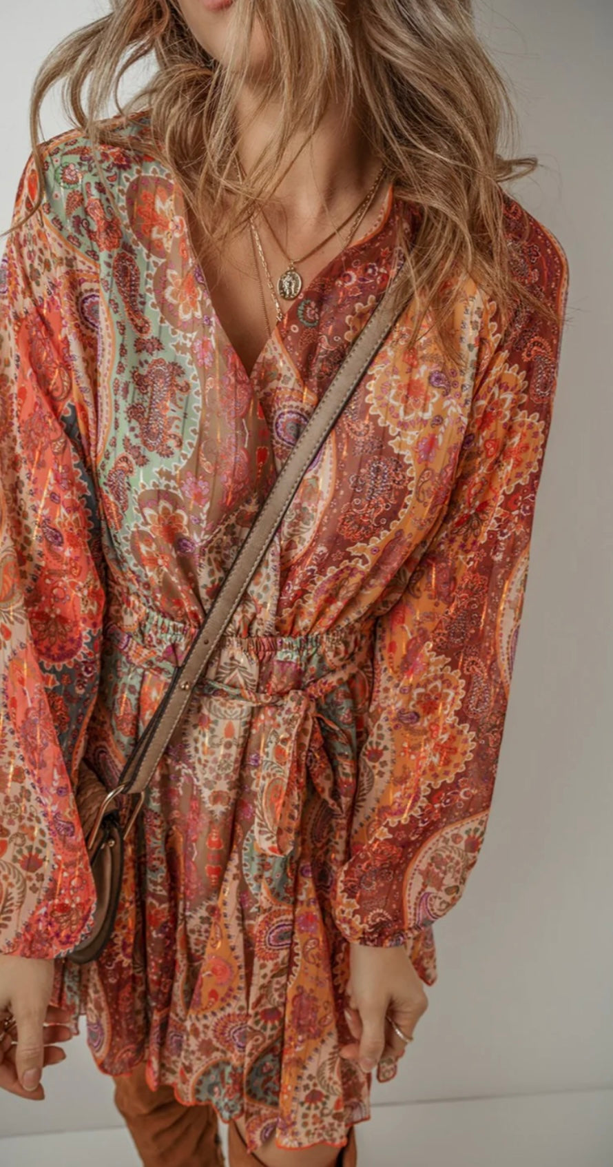 Printed Surplice Long Sleeve Mini Dress