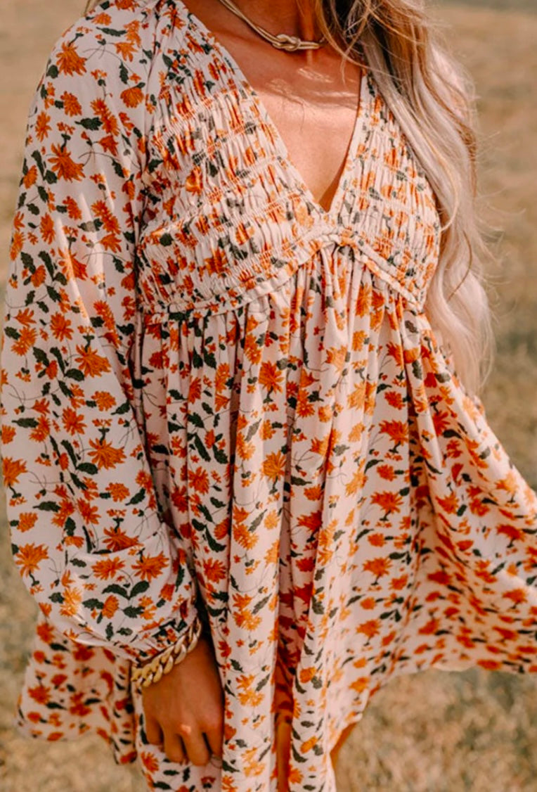 Smocked Printed V-Neck Long Sleeve Dress