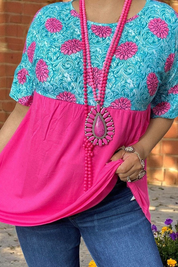 Turquoise Pink Baby doll Top