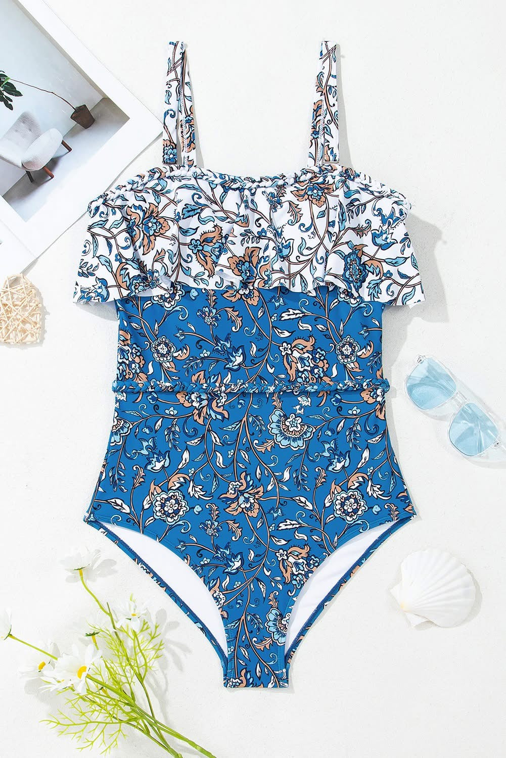 Sky Blue Floral Ruffle Removable Strap One Piece Swimsuit