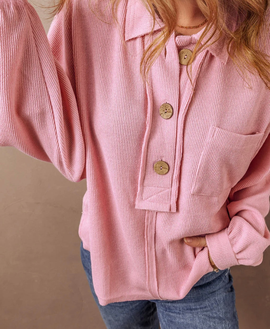 Ribbed Collared Henley Chest Pocket Top