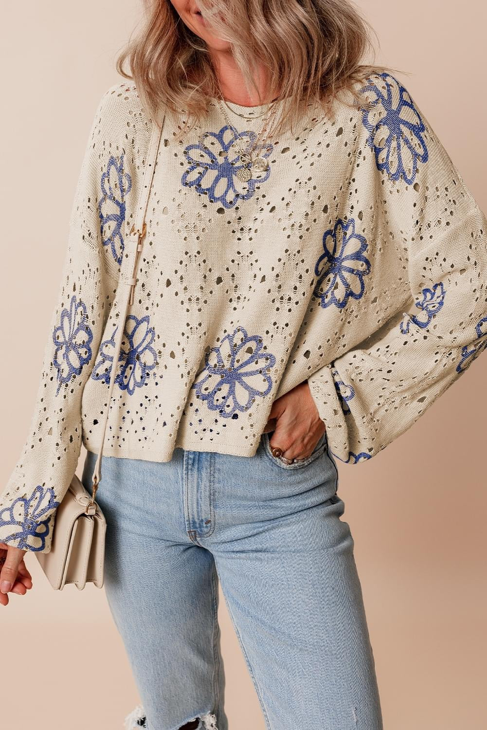 Moments of Perfection Beige Contrast Eyelet Sweater