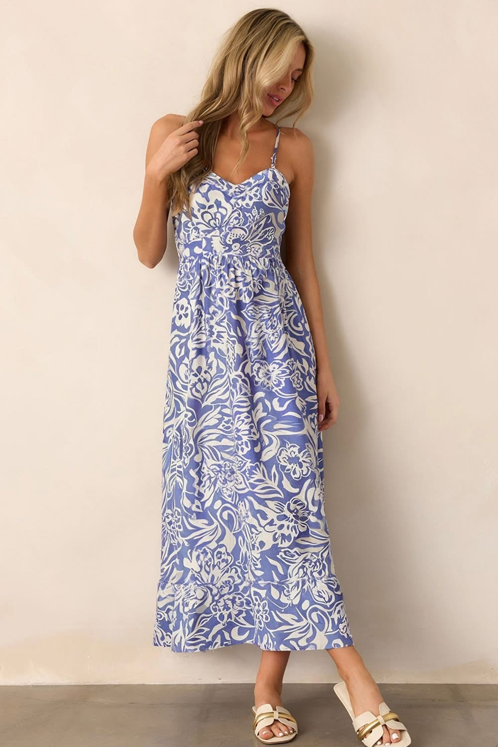 Sky Blue Floral High Waist Maxi Dress