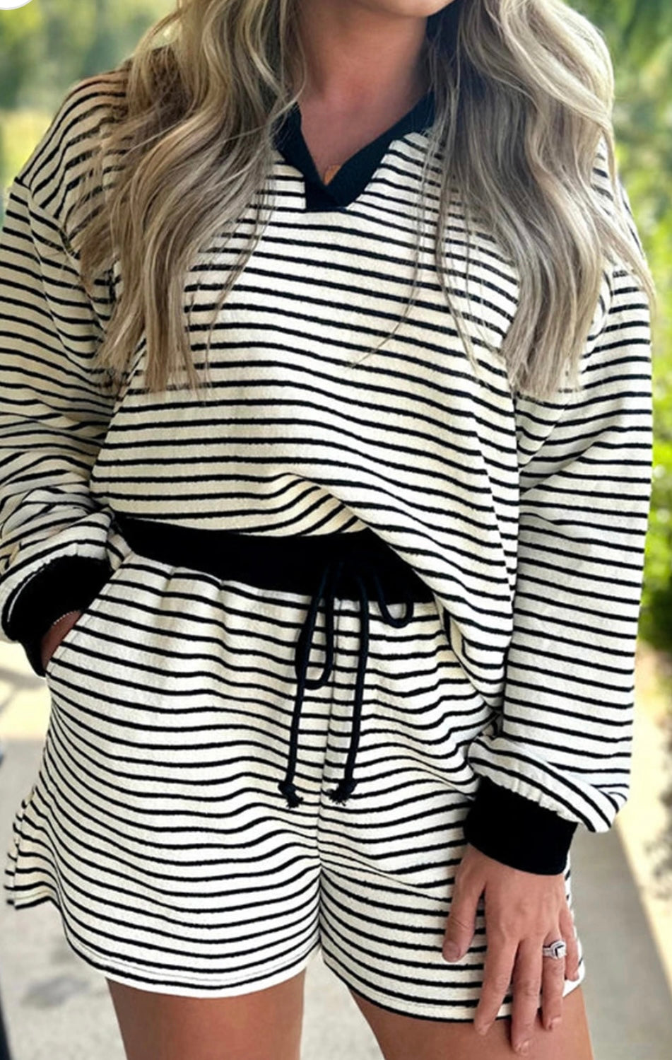 Stripe Collared Tee and Drawstring Shorts Set