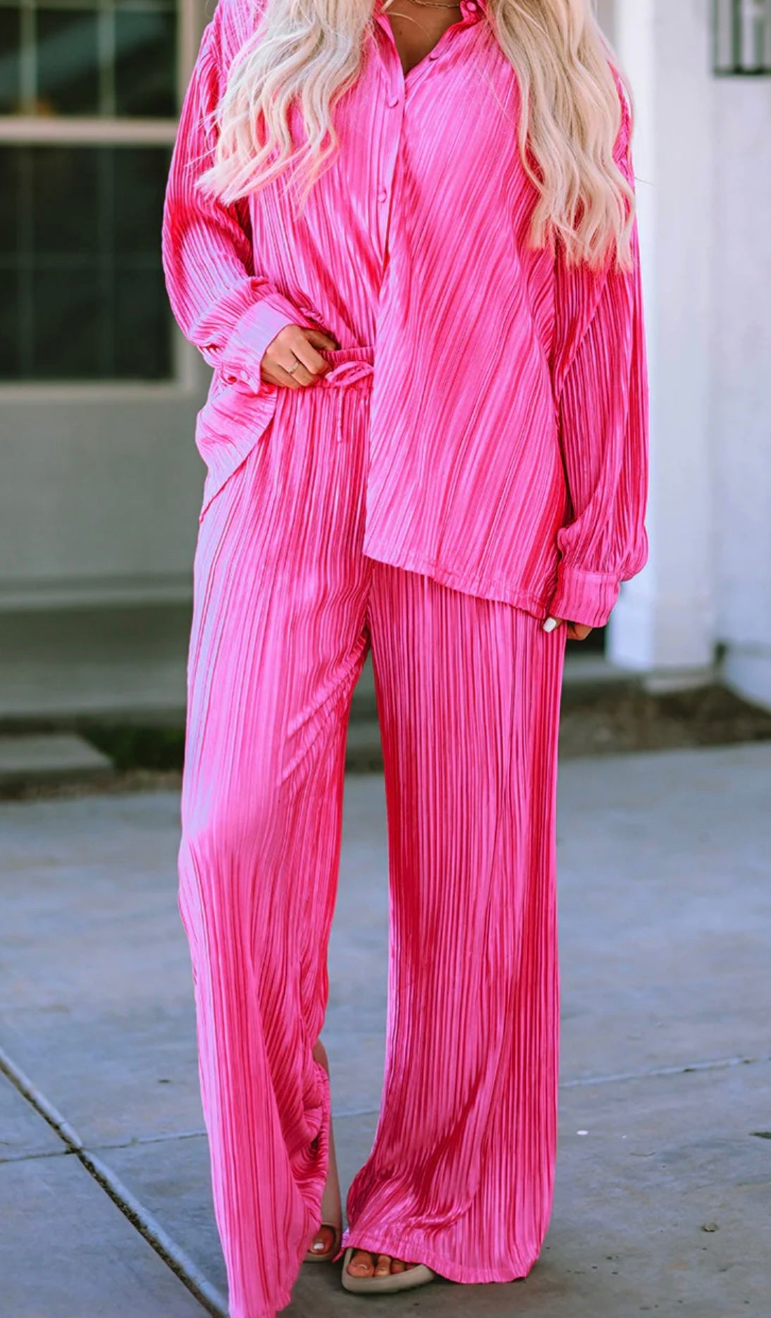 Pleated Button Up Shirt and Wide-Leg Pants Set
