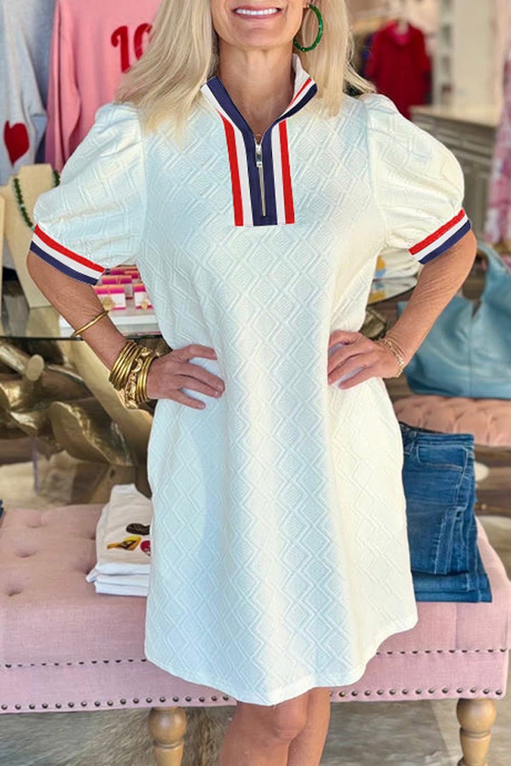 Textured White Colorblock Dress