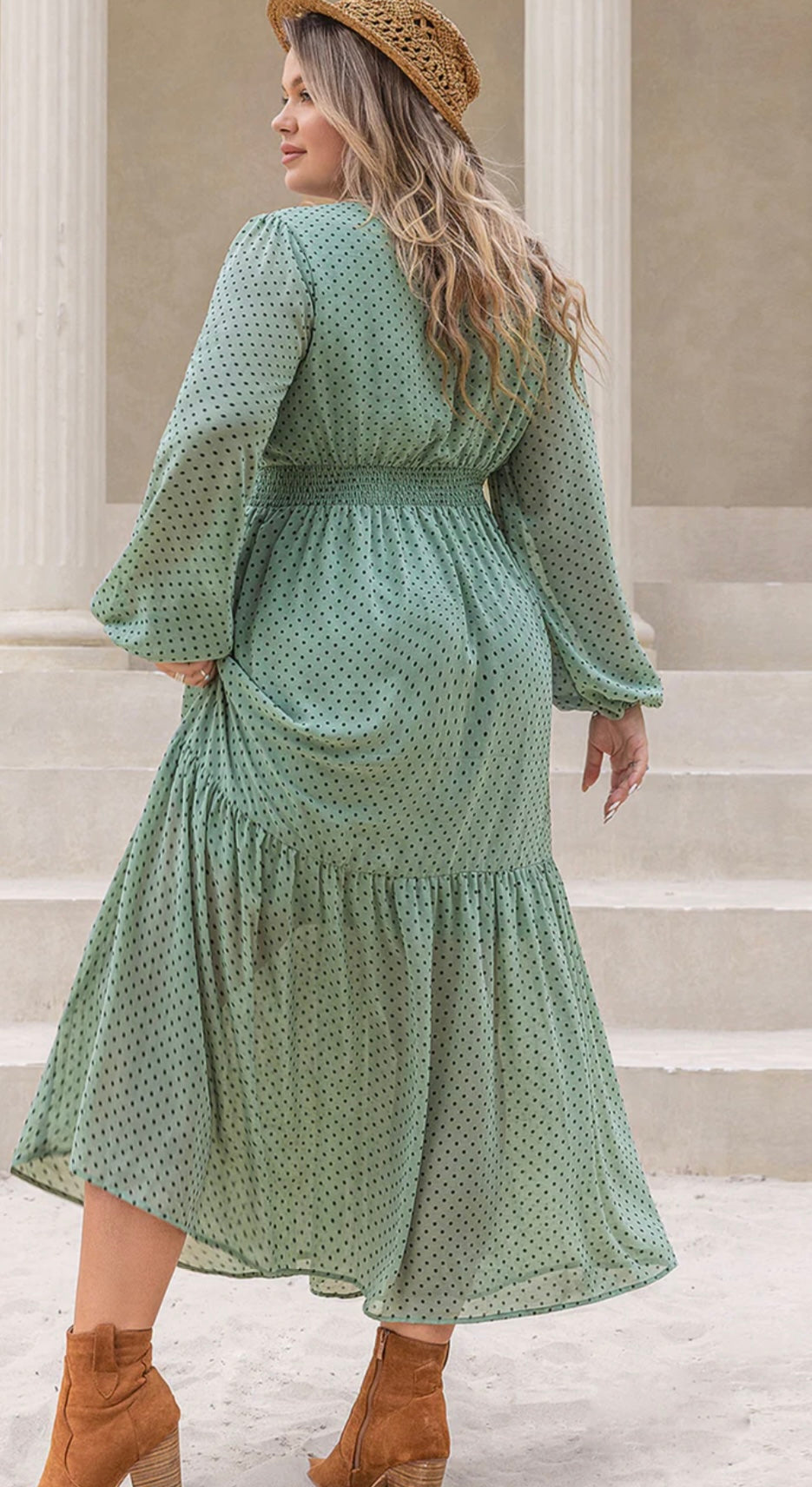 Plus Size Tassel Printed Tie Neck Long Sleeve Midi Dress