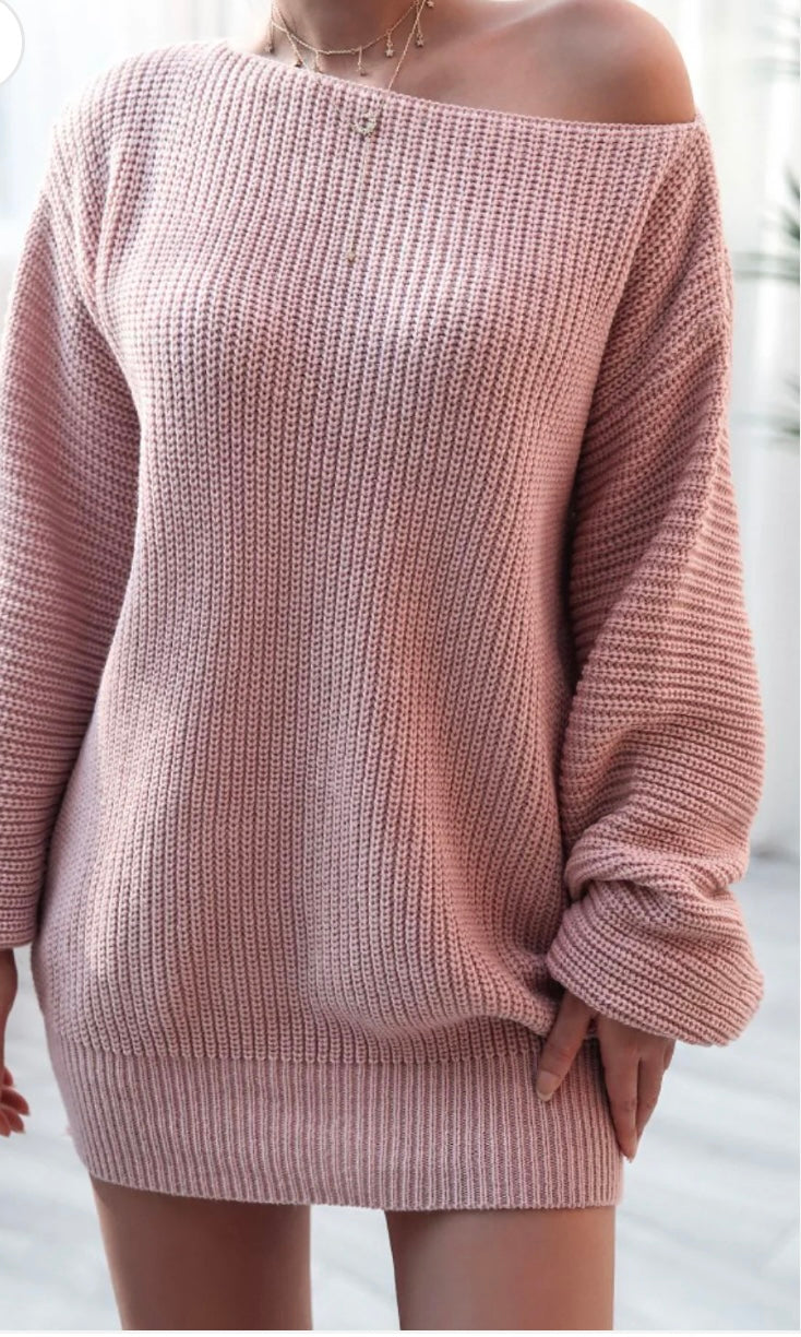 Boat Neck Long Sleeve Mini Sweater Dress