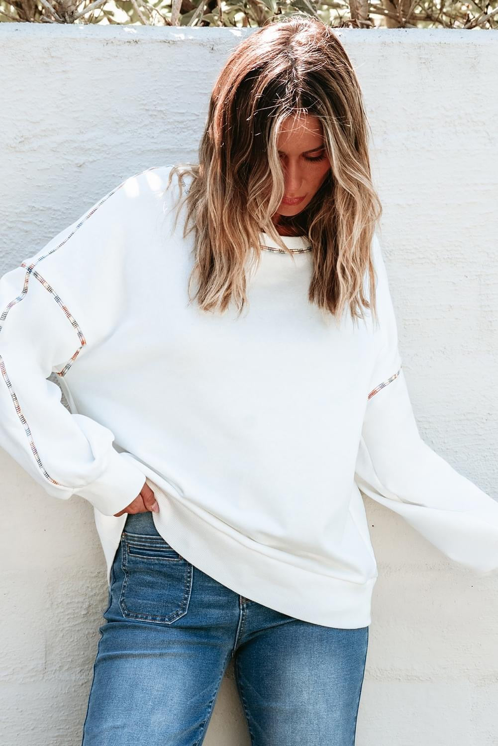 MWhite Contrast Rainbow Trim Sweatshirt