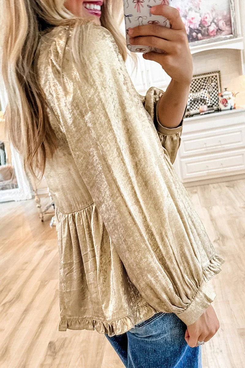 MOMENT TO SHINE METALLIC GOLD FRILLY BABYDOLL BLOUSE **SHIPPING EXPECTED TO BEGIN ON DATE 11/05**