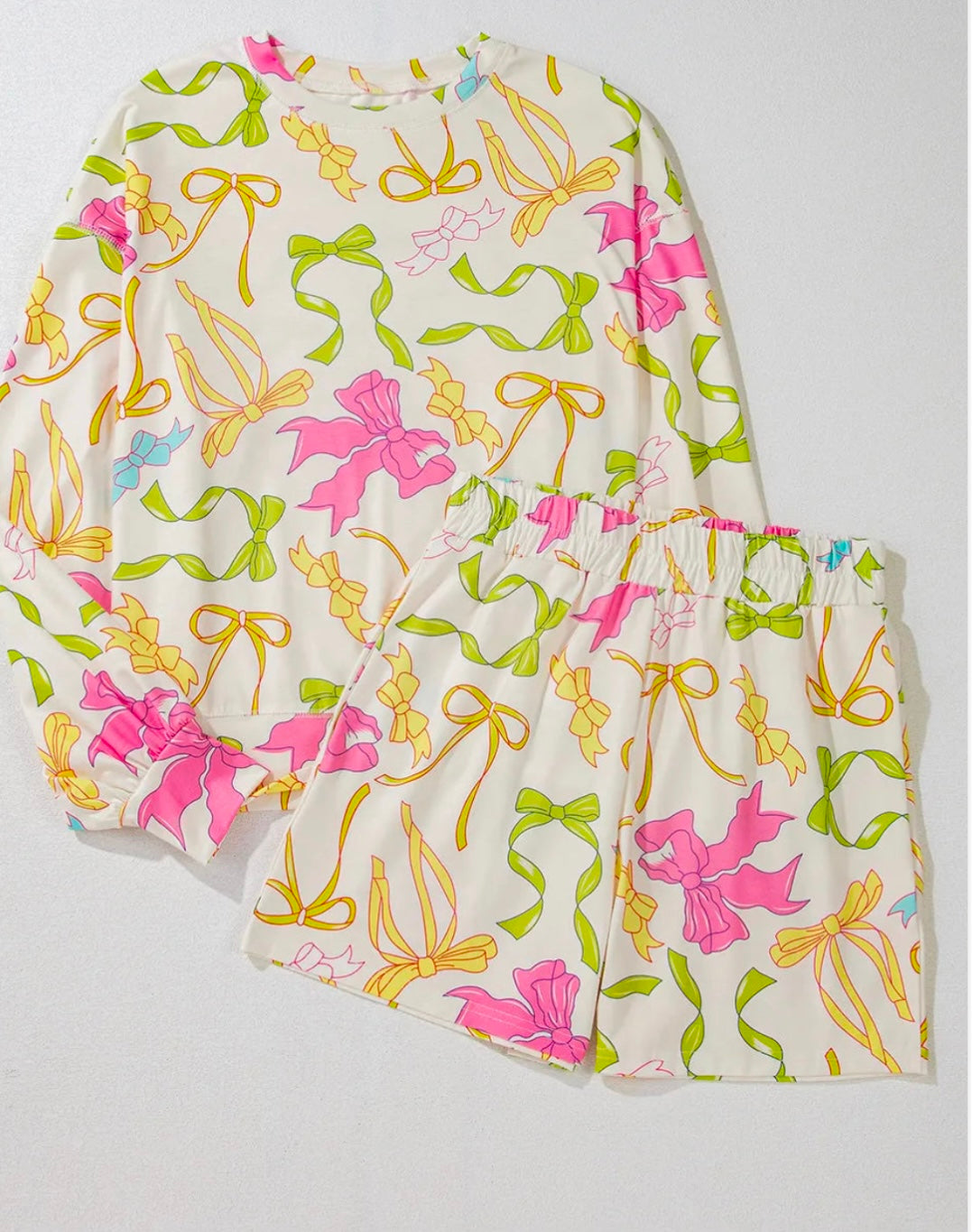 Printed Round Neck Long Sleeve Top and Shorts Set