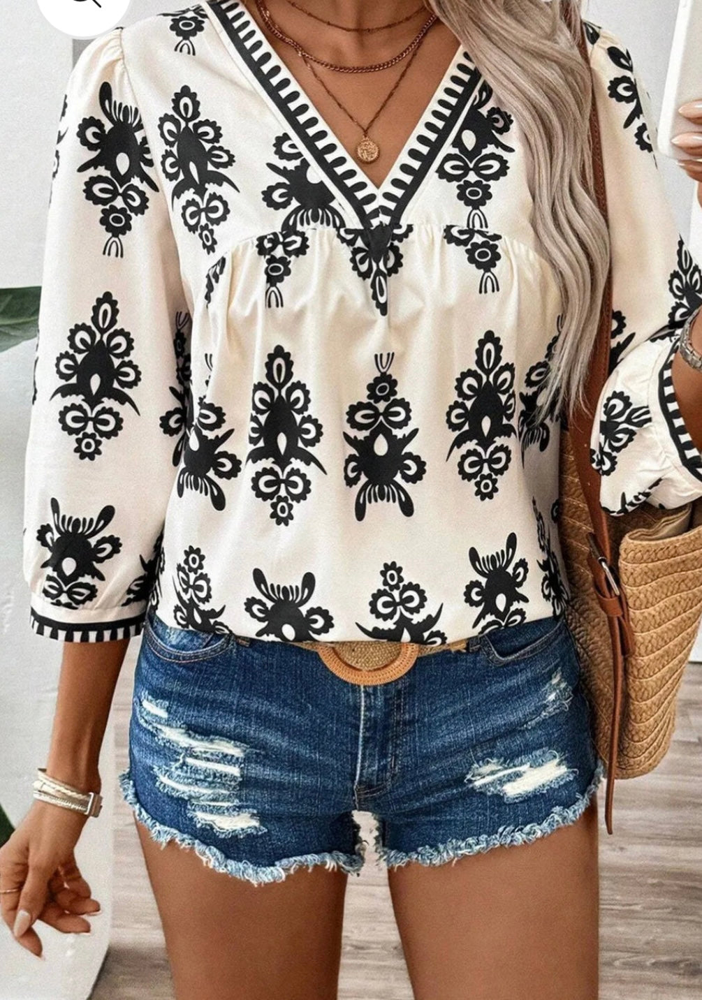 Printed V-Neck Three-Quarter Sleeve Blouse