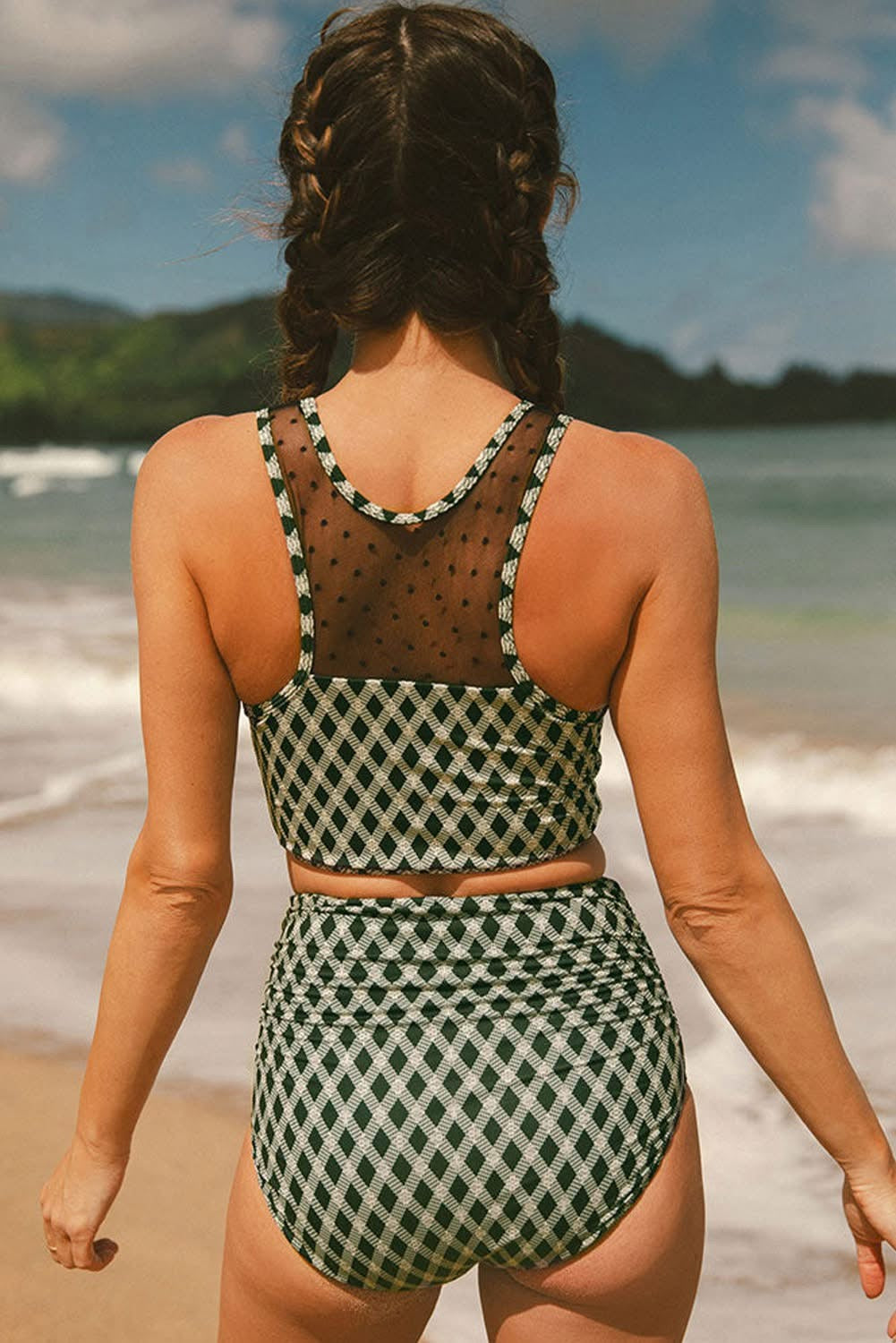 Green Dotted Mesh Plaid High Waisted Bikini