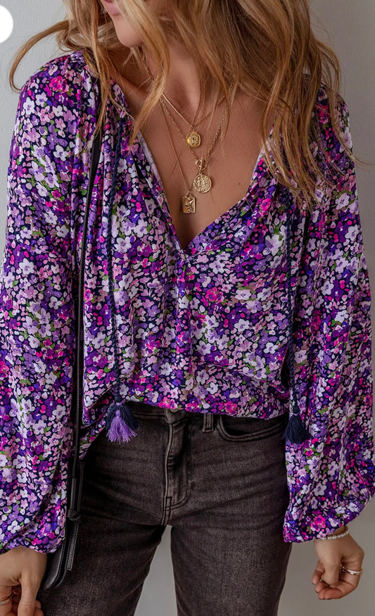 Flower Split V neck Bubble Sleeve Blouse