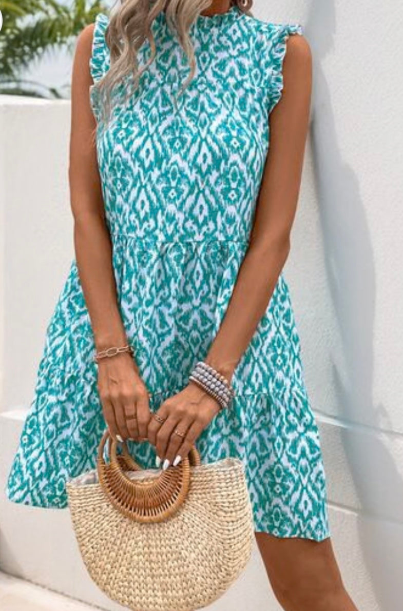 Perfee Printed Frill Sleeveless Mini Dress