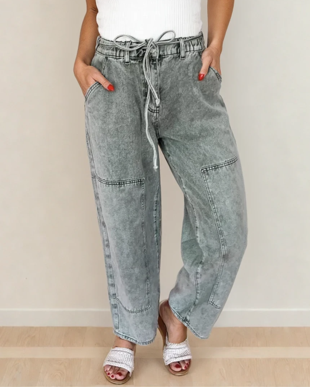 Shiloh Acid Wash Barrel Fit Denim Pants with Waist String - Gray Indie & Co.