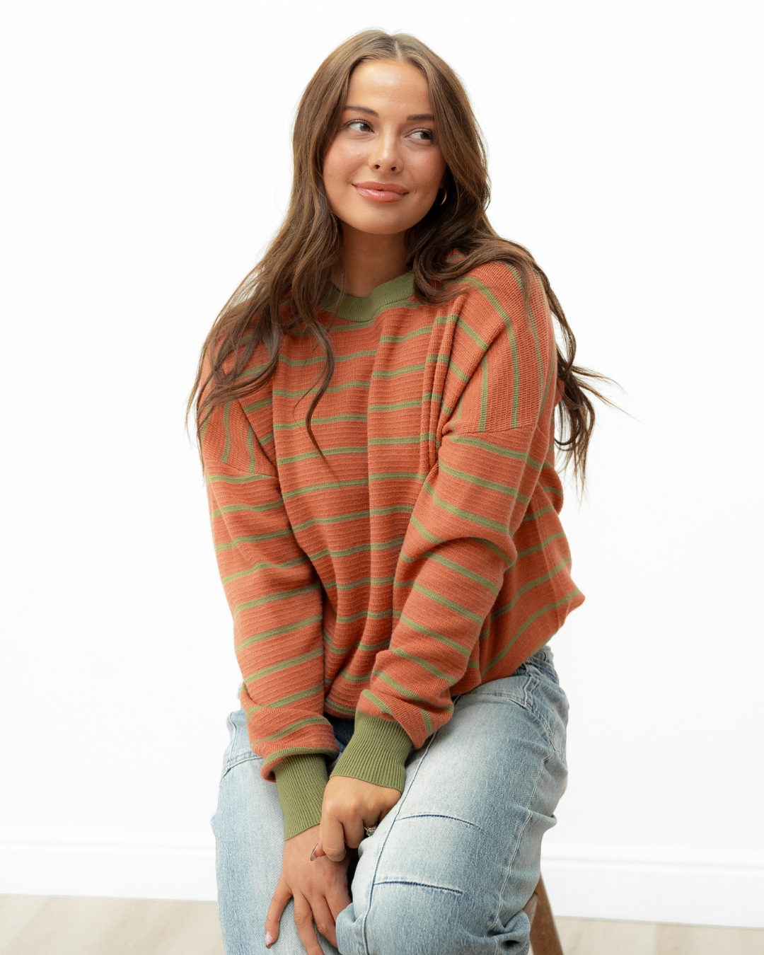 Zya Stripe Round Neck Drop Shoulder Loose Sweater - Brown Indie & Co.