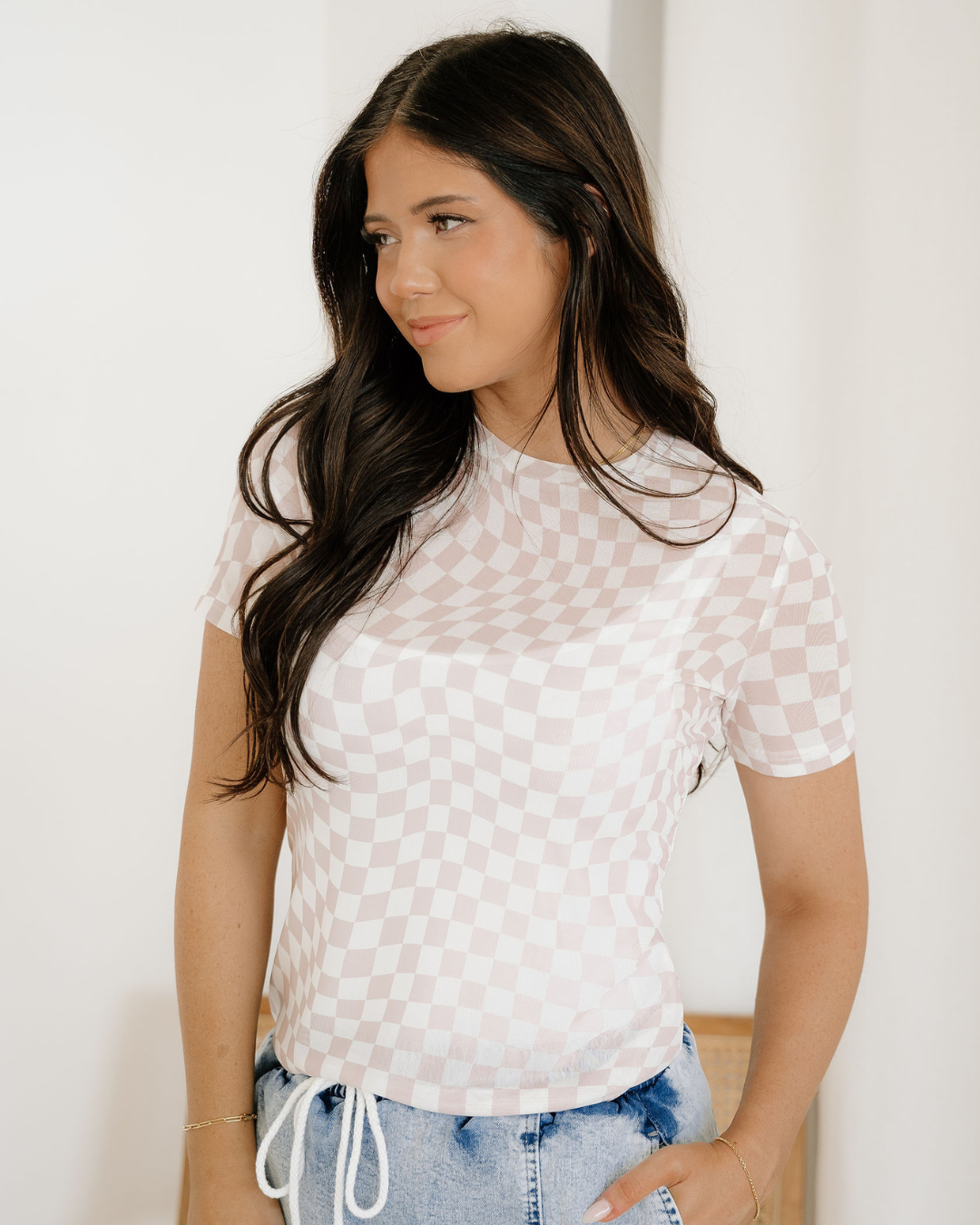 Short Sleeve Checkered Mesh Crew T Shirt - Khaki Indie & Co.