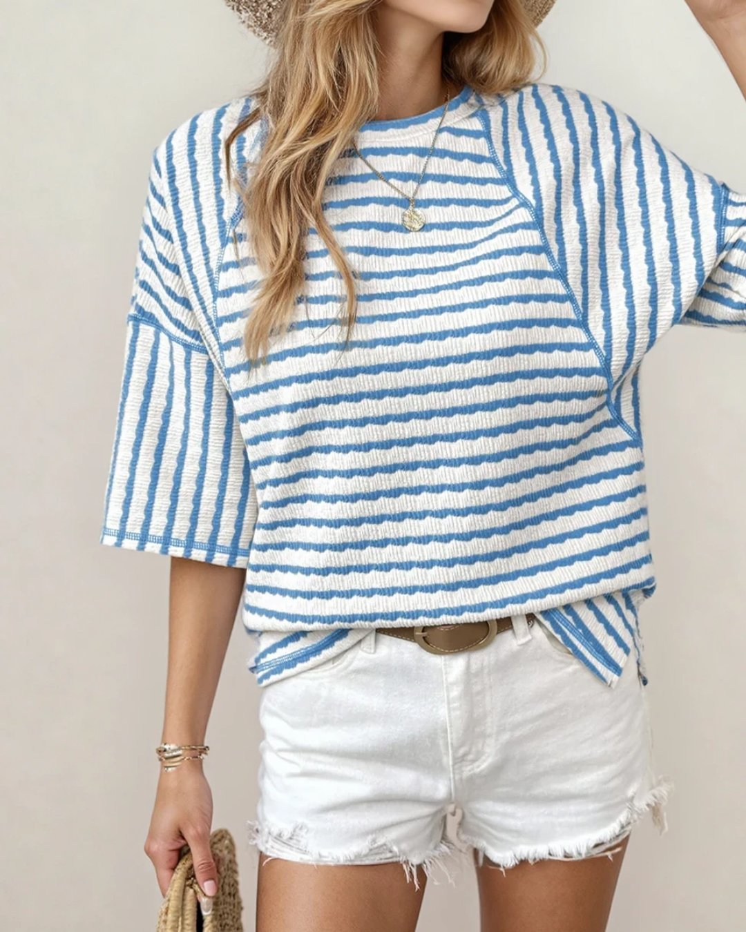 Noelle Textured Knit Split Hem Half Sleeve Loose Top - Sky Blue Indie & Co.