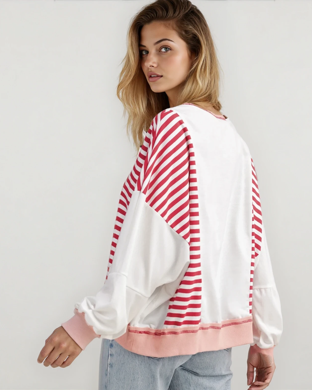 Sophie Striped Colorblock Patchwork Oversized Sweatshirt - Red Indie & Co.