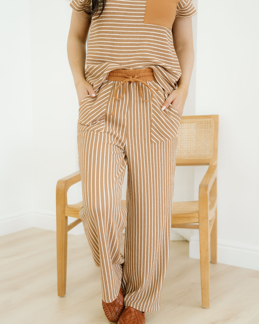 Rowen Stripe Crew Neck Tee Drawstring Waist Cropped Pants Set Indie & Co.