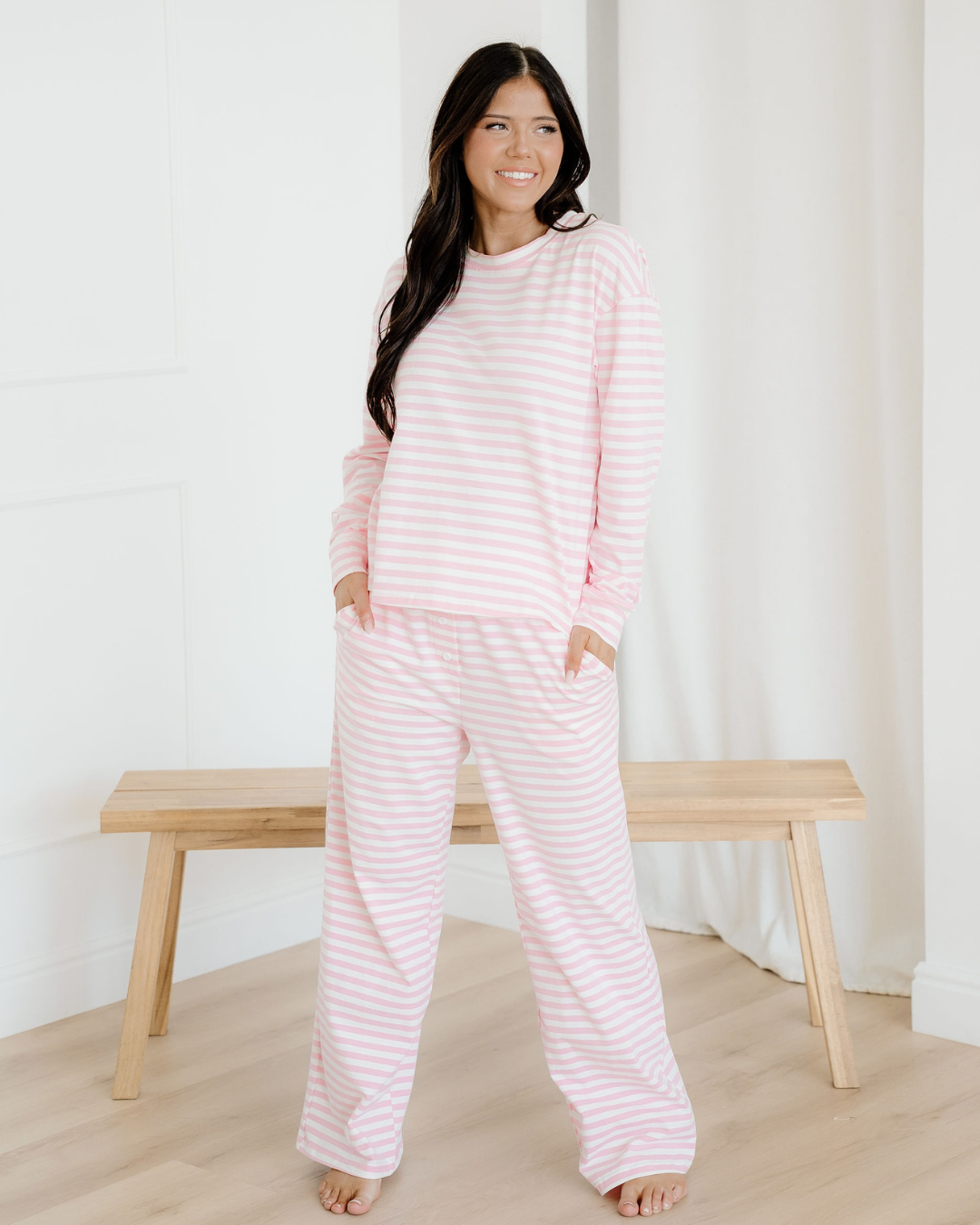 Thea Stripe Drop Shoulder Round Neck Top and Buttoned Straight Pants Two Piece Set Indie & Co.