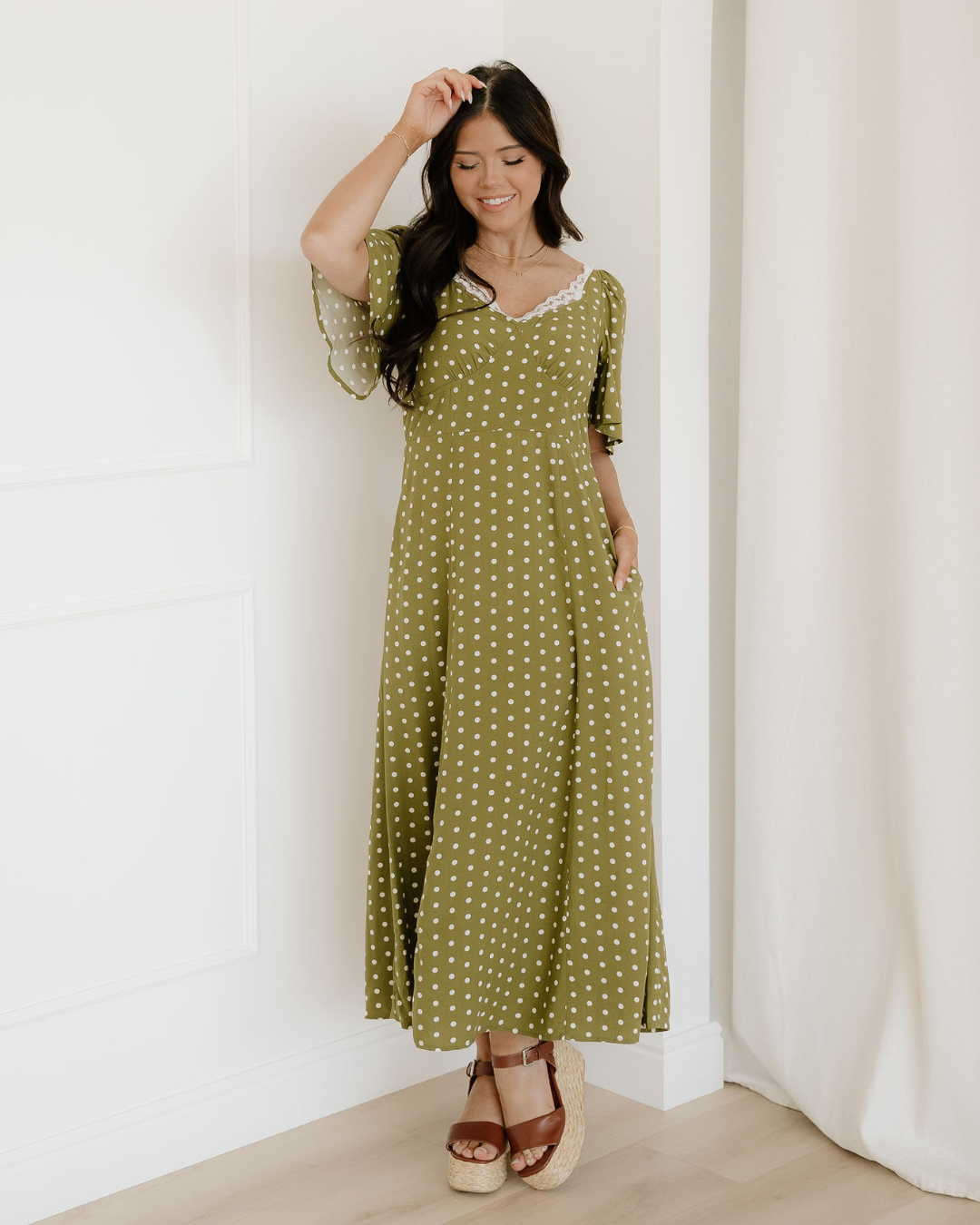 Maleah Polka Dot Print Lacy Neckline Smocked High Waist Maxi Dress Indie & Co.