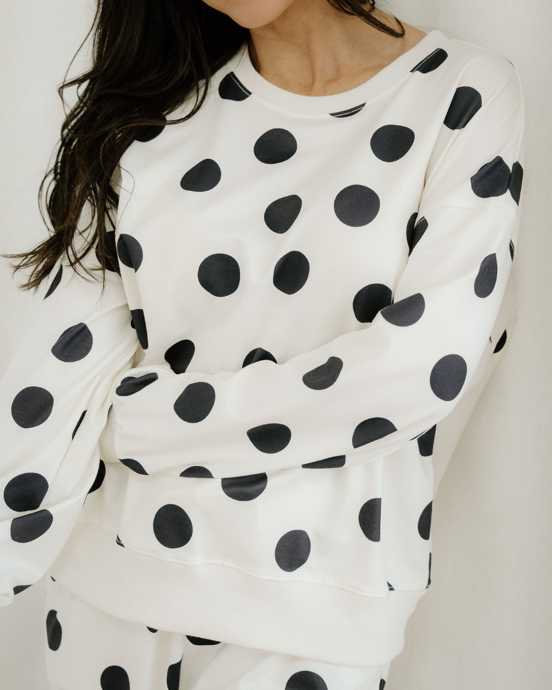 Polka Dot Print Drop Shoulder Pullover Drawstring Jogger Pant Set - Beige Indie & Co.