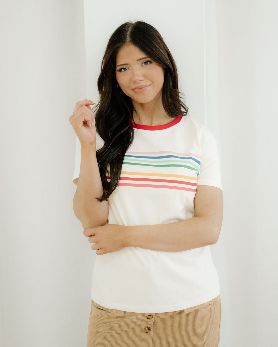 Melanie Rainbow Stripe Print Crewneck T Shirt Indie & Co.
