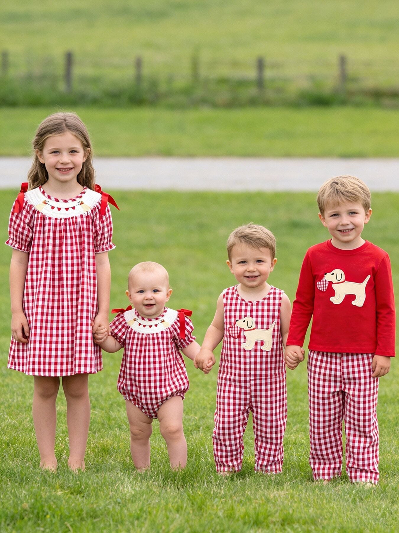 Valentine Red Plaid Boys Set with Applique Heart Dog Detail