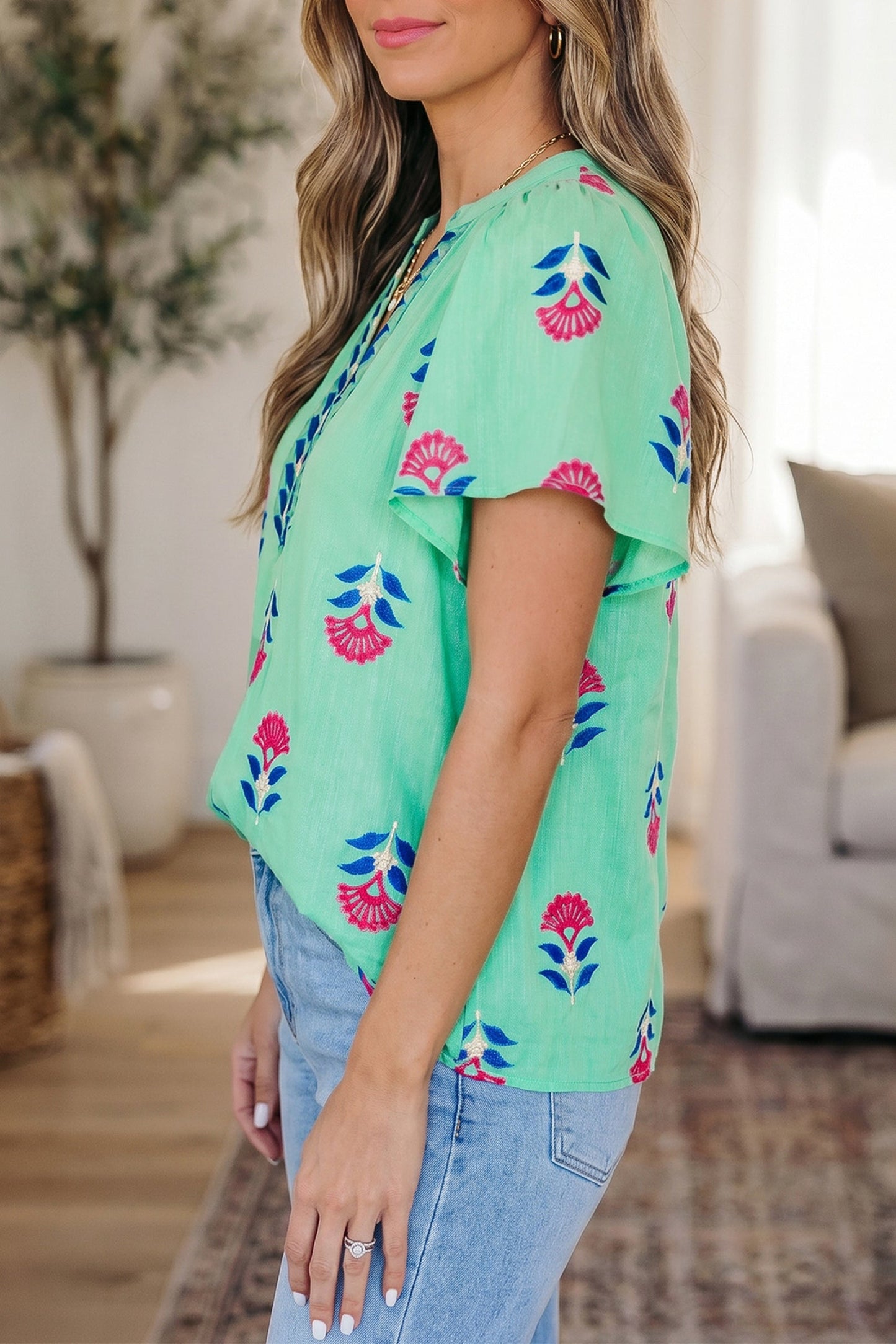 Gianna Floral Flutter Sleeve Blouse Threaded Pear