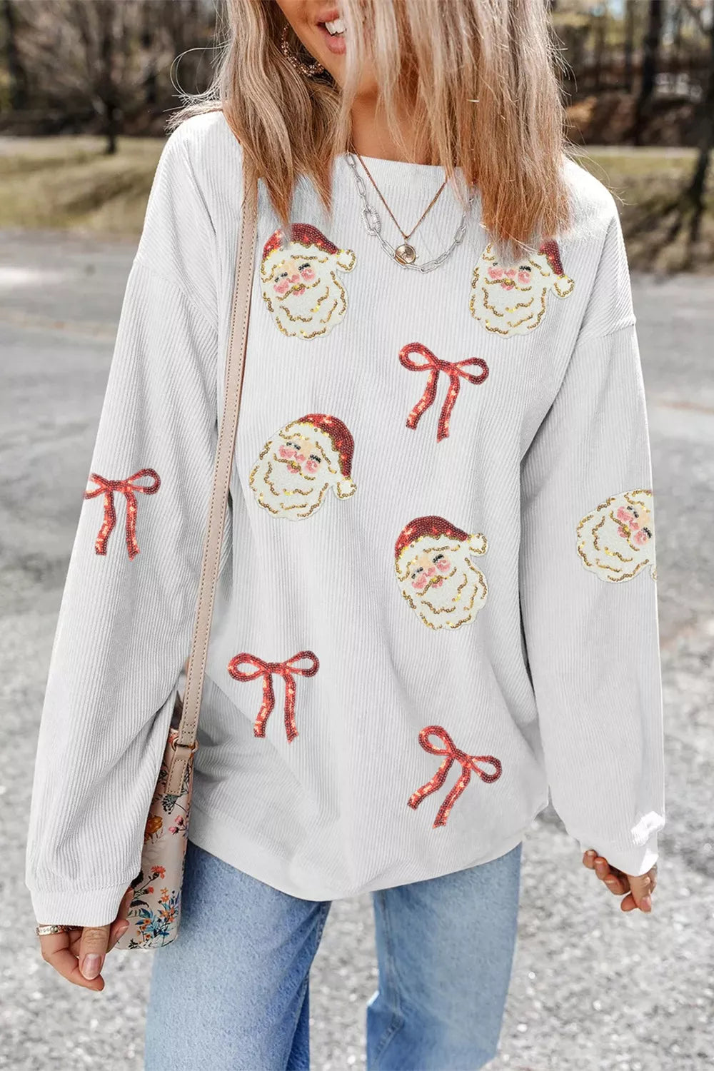 Full Size Corded Rib Sequin Santa Bow Patched Drop Shoulder Sweatshirt Plus Size