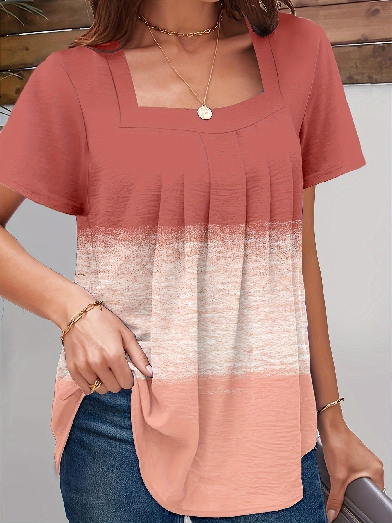 Square Collar Pleated Ruffle Short Sleeve Top – Pink