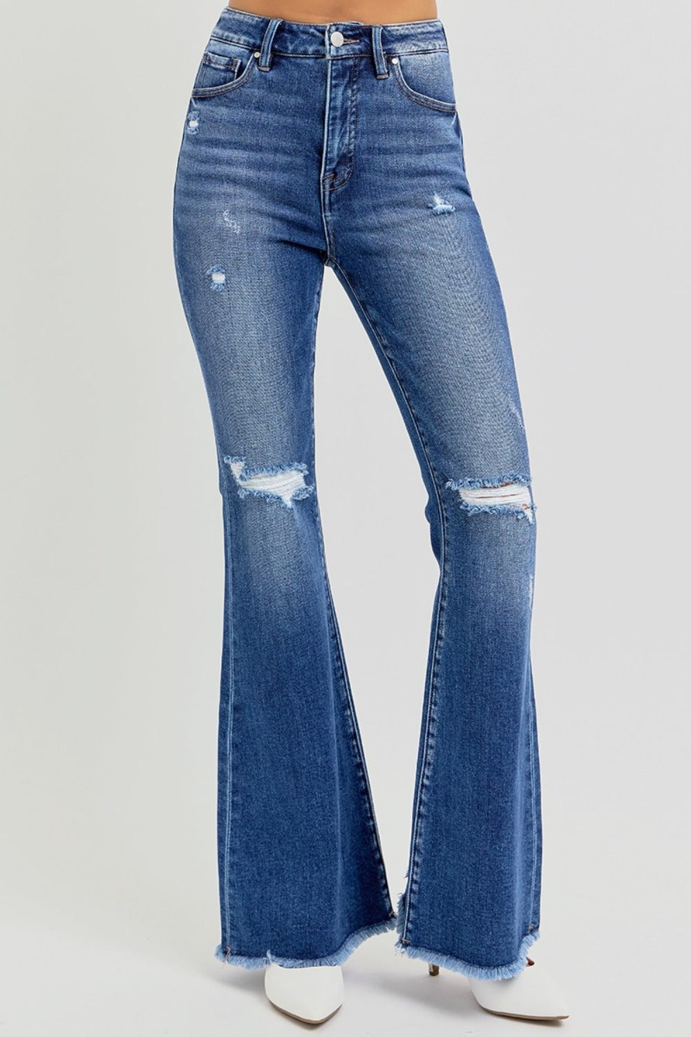 RISEN Full Size High Rise Distressed Raw Hem Flare Jeans Creative Chaos Boutique
