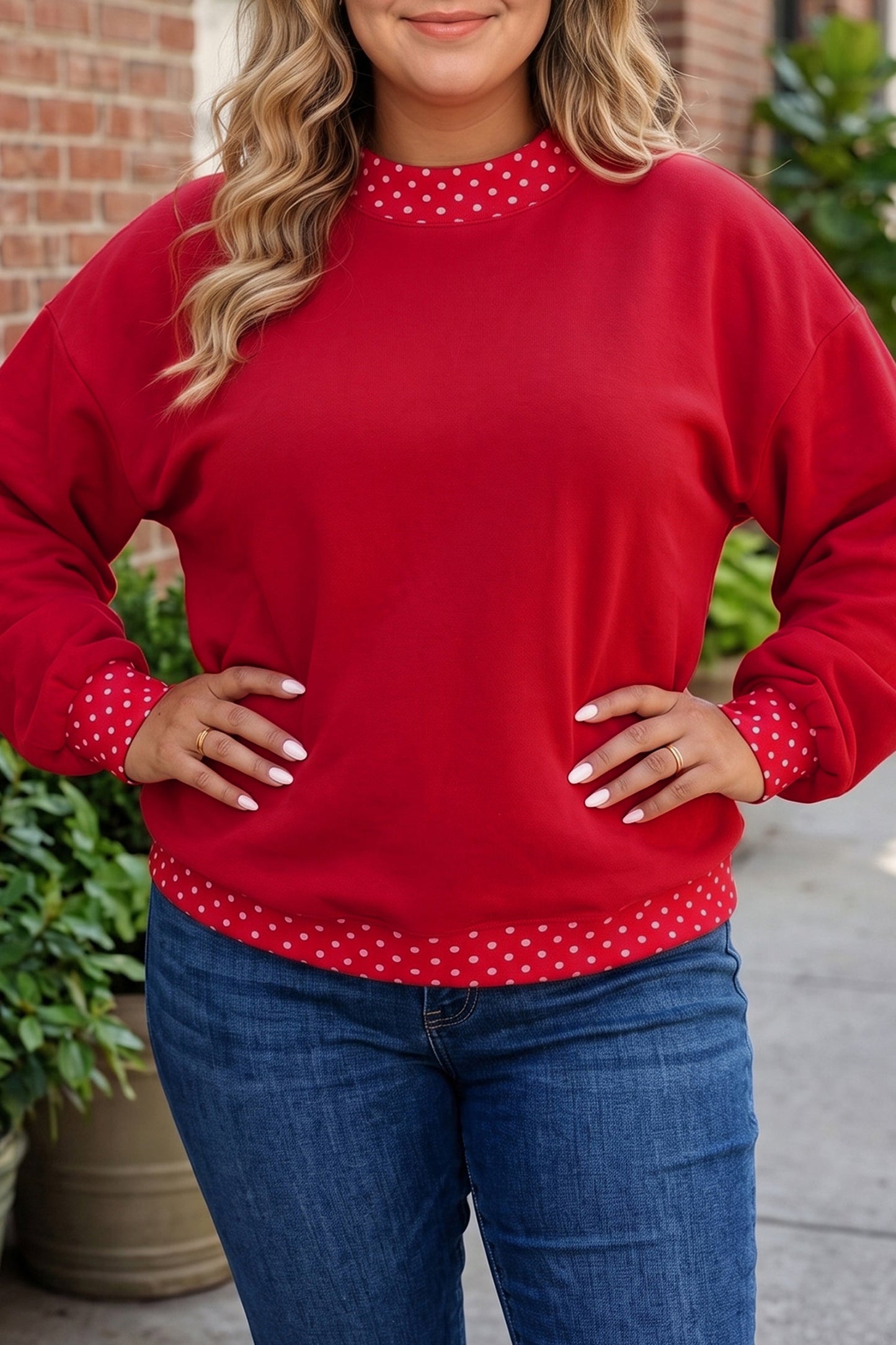 Racing Red Polka Dot Patchwork Round Neck Plus Size Sweatshirt