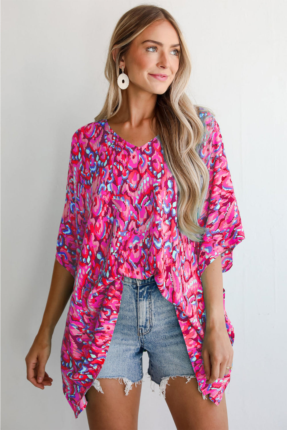 Pink Abstract Print V Neck Half Sleeve Loose Fit Tunic Blouse Wild and Free Boutique