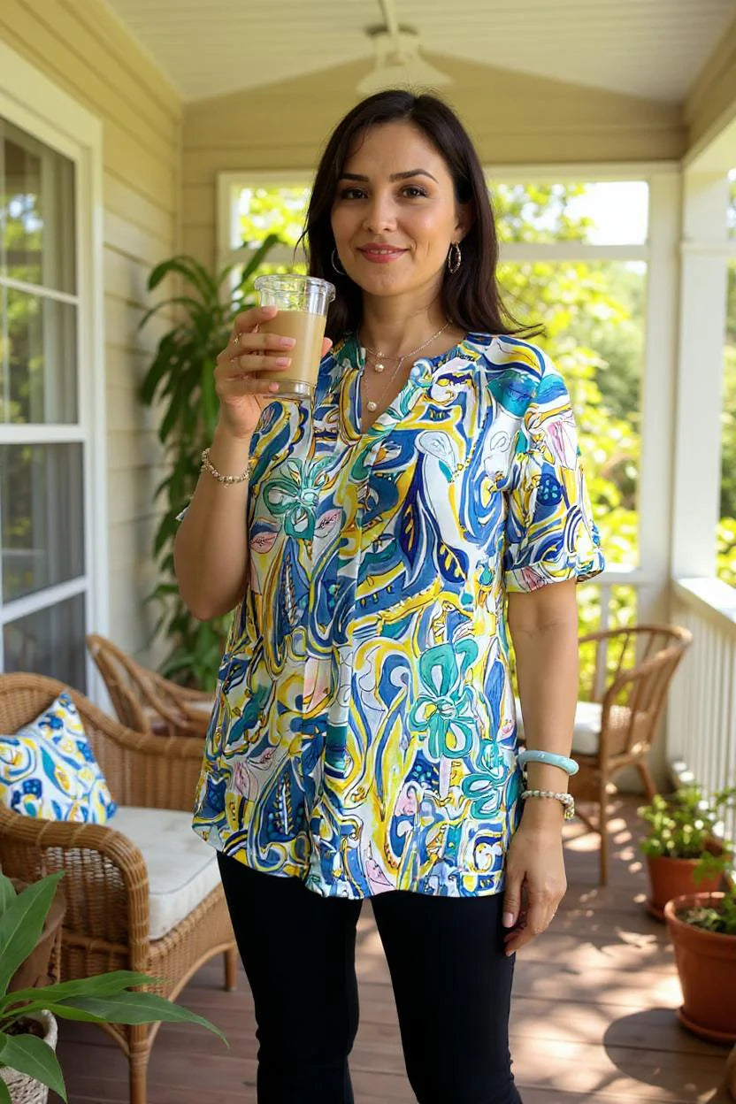 Western Yellow & Blue floral Printed Top