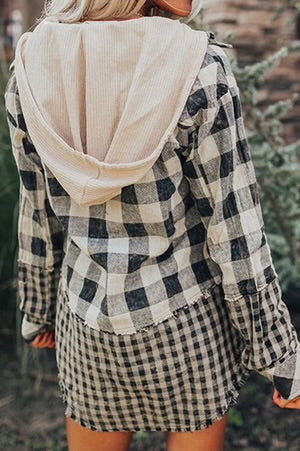 HARVEST HAZE BLACK CHECK HOODED SHACKET **SHIPPING EXPECTED TO BEGIN ON DATE 8/26**