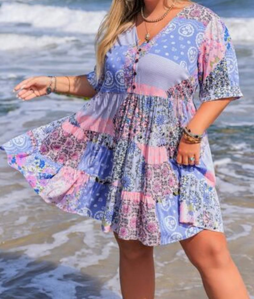 Plus Size Printed V-Neck Tiered Mini Dress