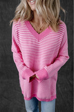 Load image into Gallery viewer, Pink Striped V Neck Loose Sweater
