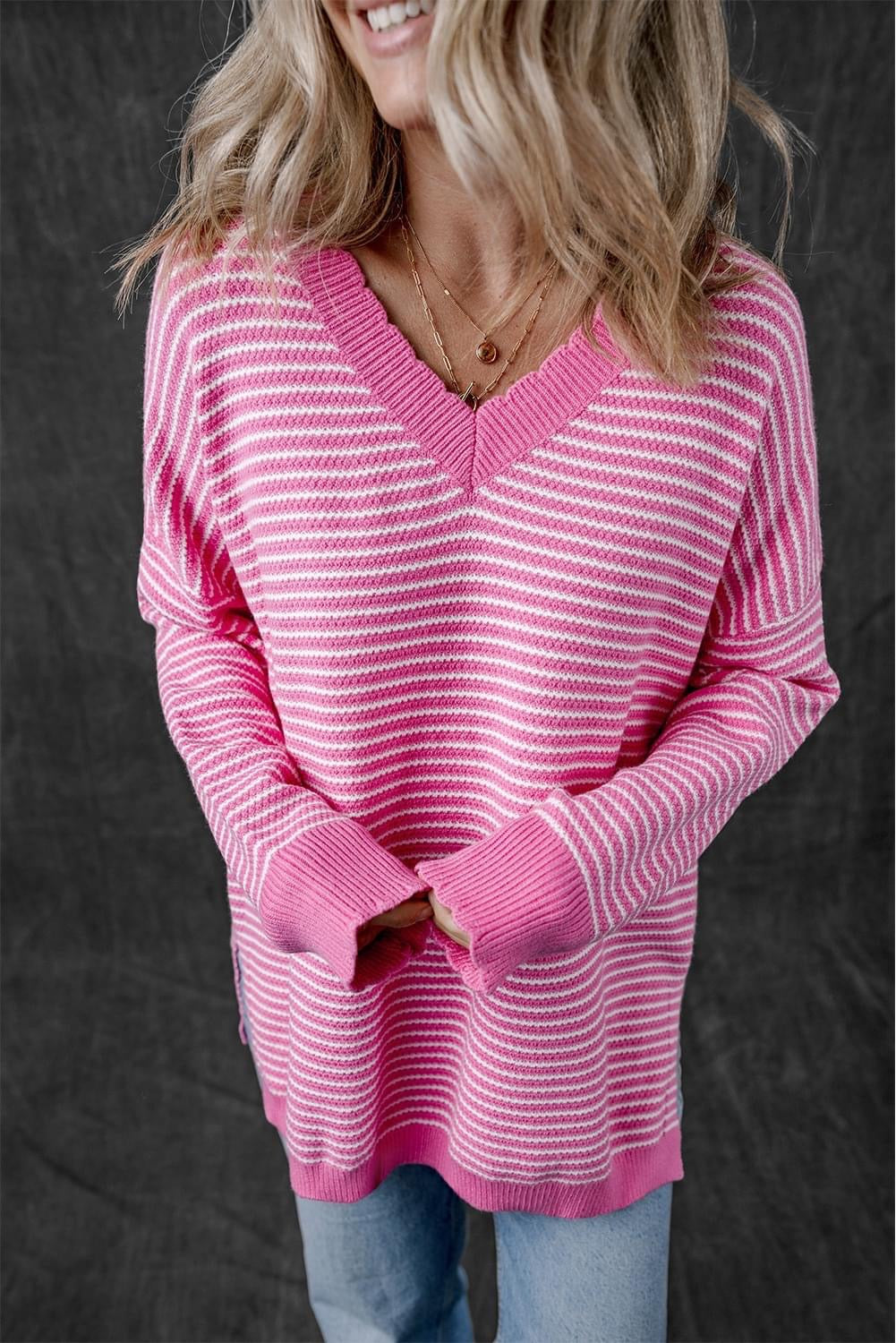 Pink Striped V Neck Loose Sweater