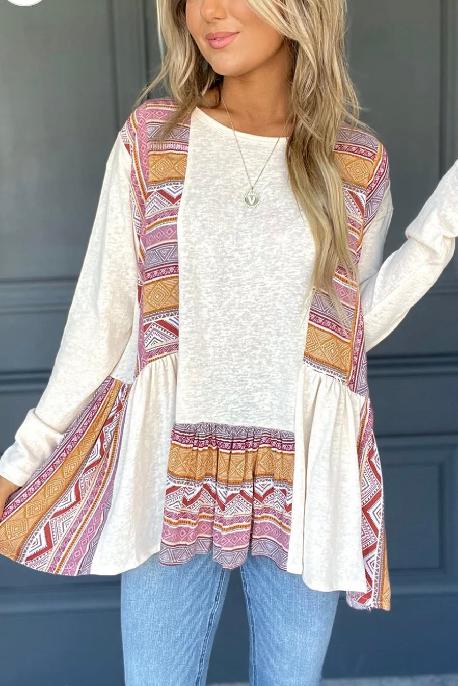 Western Patchwork Ruffled Babydoll Top (Ships 8/31)