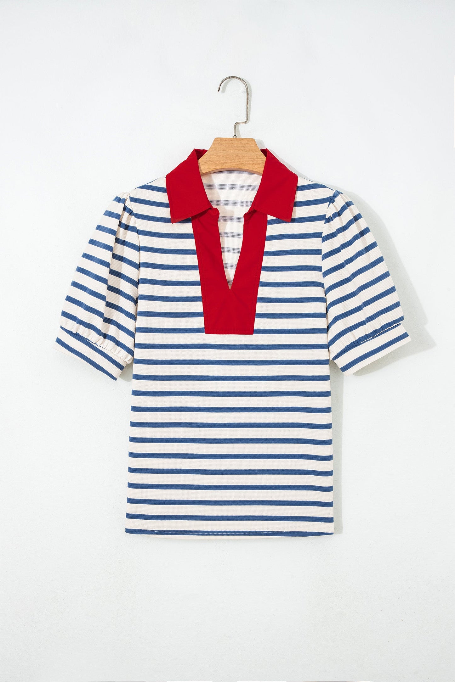 Blue Stripe Short Puff Sleeve Color Block Polo Collar Blouse