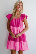 Pink Crinkled Colorblock Flutter Tiered Mini Dress