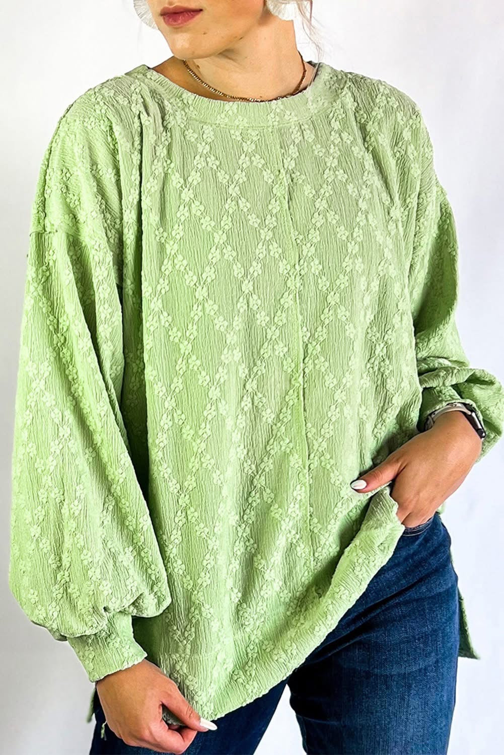 Light Green Textured Side Split Crew Neck Blouse