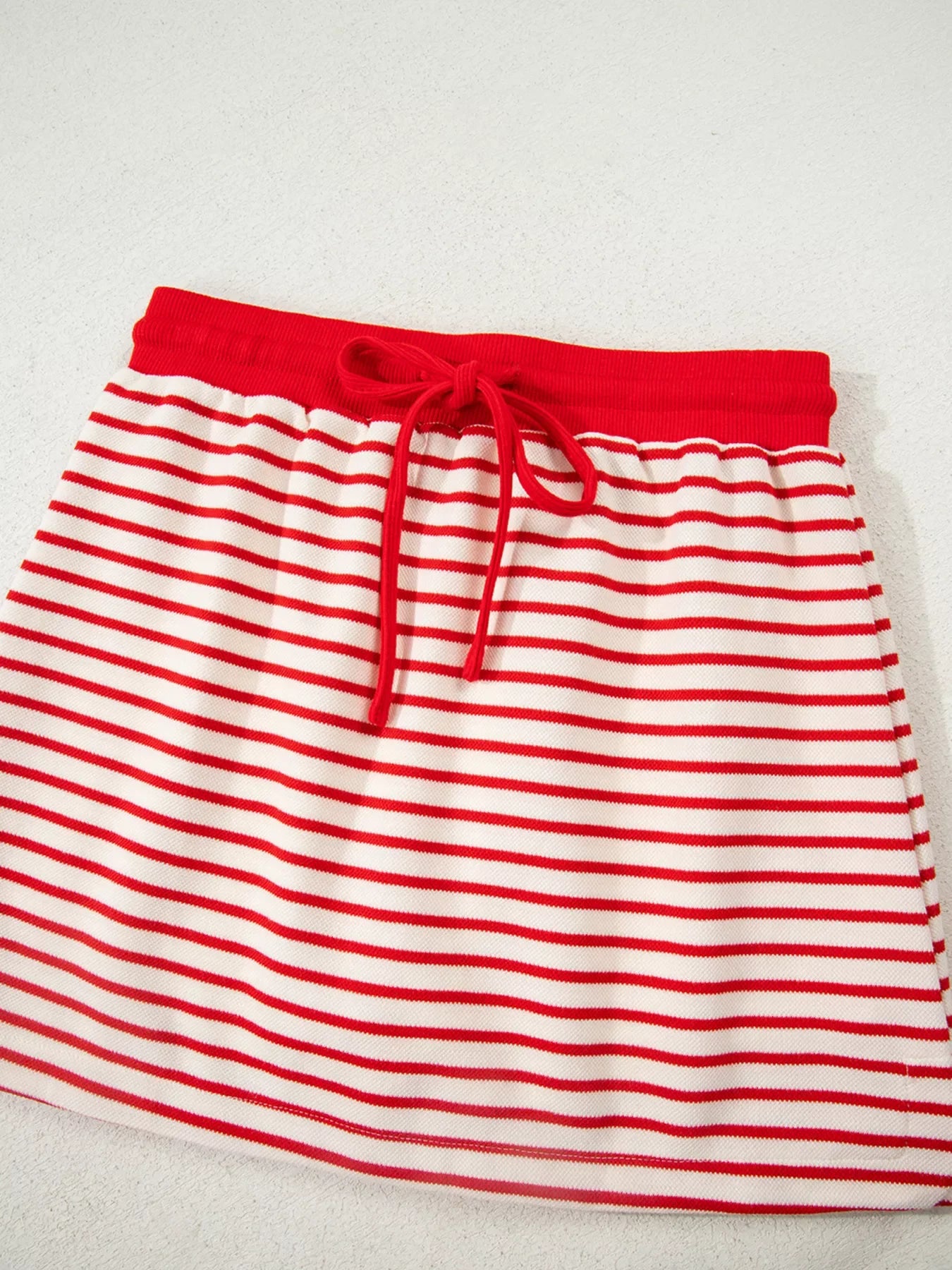 Stripe Collared V Neck Drop Shoulder Pullover and Skort 2pcs Outfit